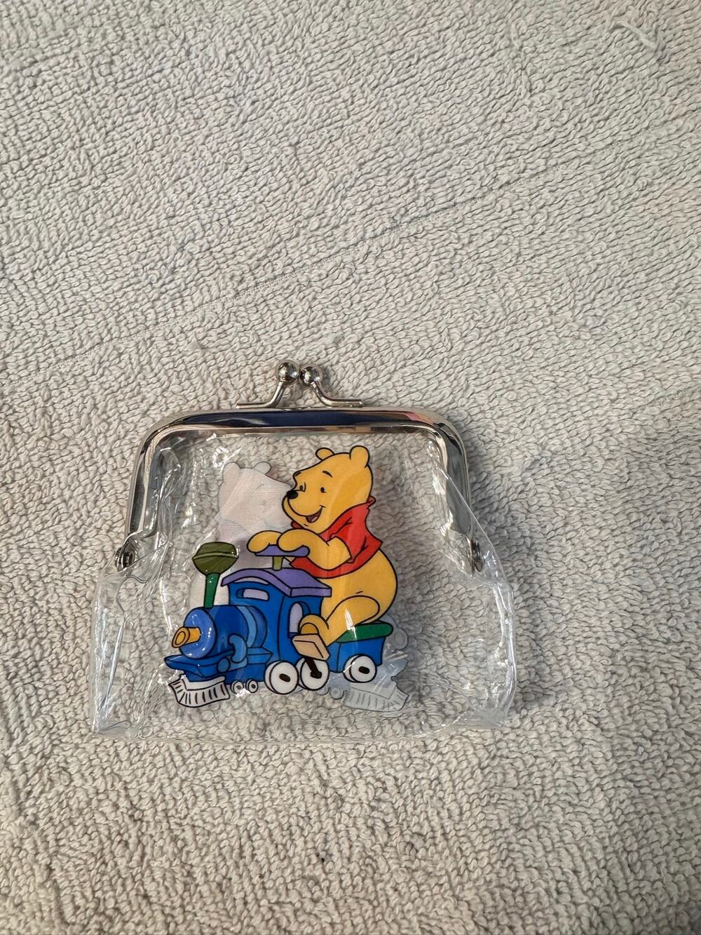 Disney Winnie the Pooh riding a blue train clear coin purse vintage style